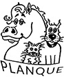 Planque : Logo Cartoon Animaux avec Cheval, Chien et Chat Logo Planque : dessin en noir et blanc d'un cheval, d'un chien et d'un chat souriants au style cartoon.